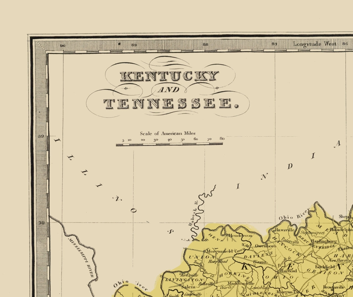 Historic State Map - Kentucky Tennessee - Illman 1834 - 23 x 27.35 - Vintage Wall Art