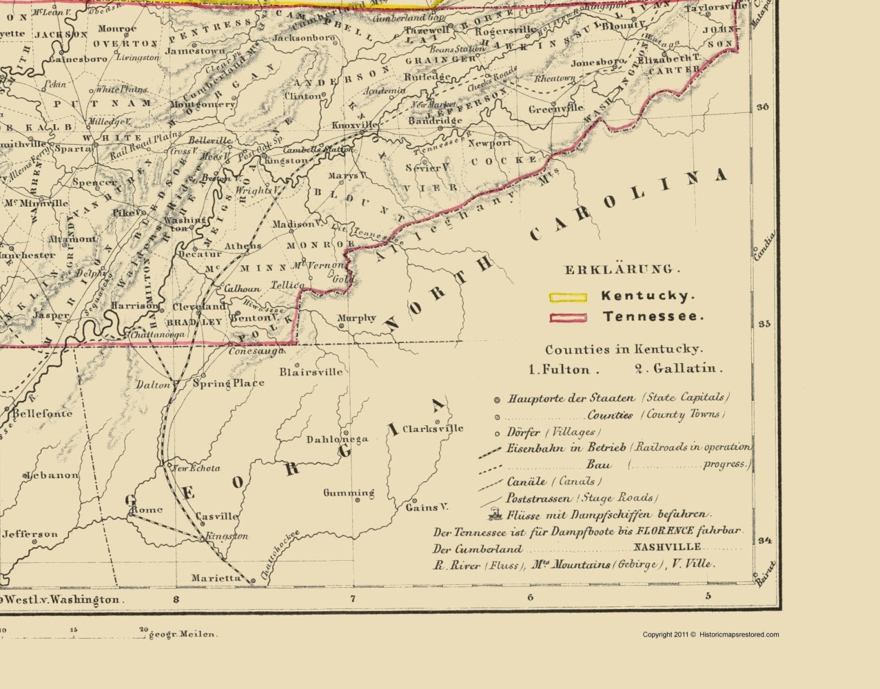 Historic State Map - Kentucky Tennessee - Westermann 1854 - 23 x 29.37 - Vintage Wall Art