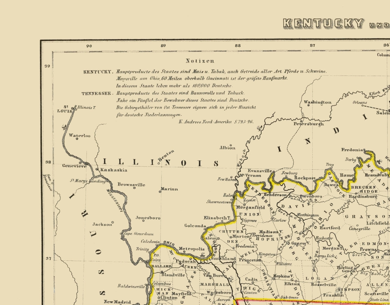 Historic State Map - Kentucky Tennessee - Westermann 1854 - 23 x 29.37 - Vintage Wall Art