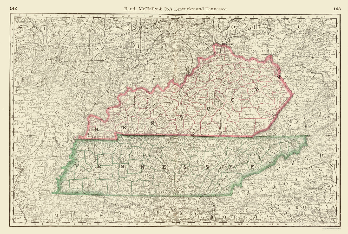 Historic State Map - Kentucky Tennessee - Rand McNally 1879 - 23 x 34.15 - Vintage Wall Art