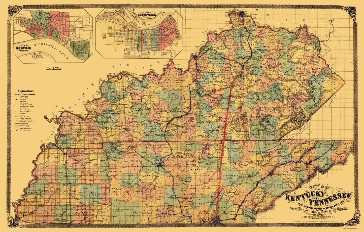 Historic State Map - Kentucky Tennessee - Middleton 1861 - 23 x 36.02 - Vintage Wall Art