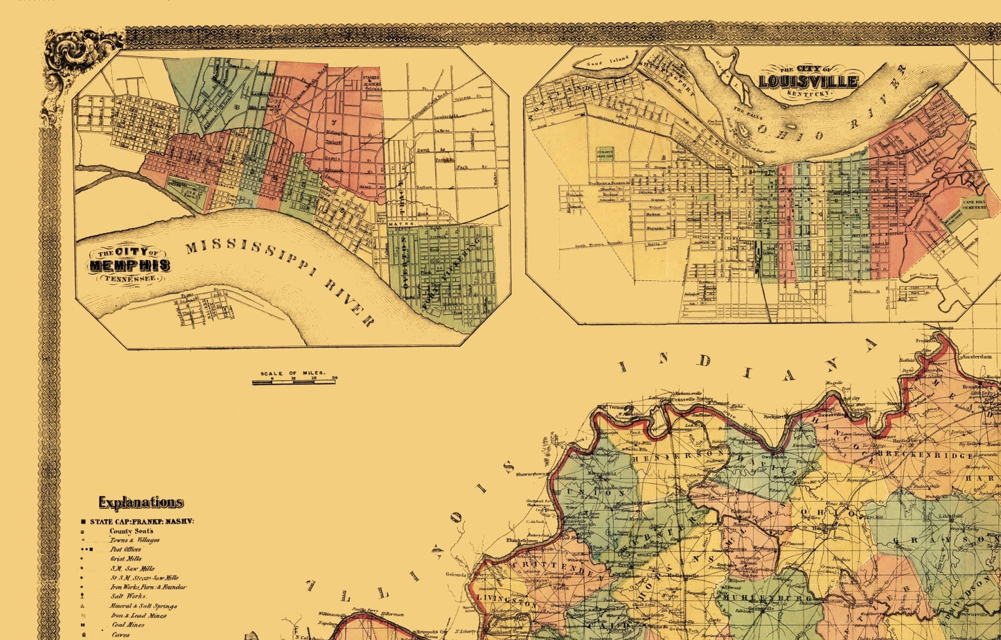 Historic State Map - Kentucky Tennessee - Middleton 1861 - 23 x 36.02 - Vintage Wall Art