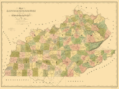 Historic State Map - Kentucky Tennessee - Burr 1839 - 23 x 30.62 - Vintage Wall Art