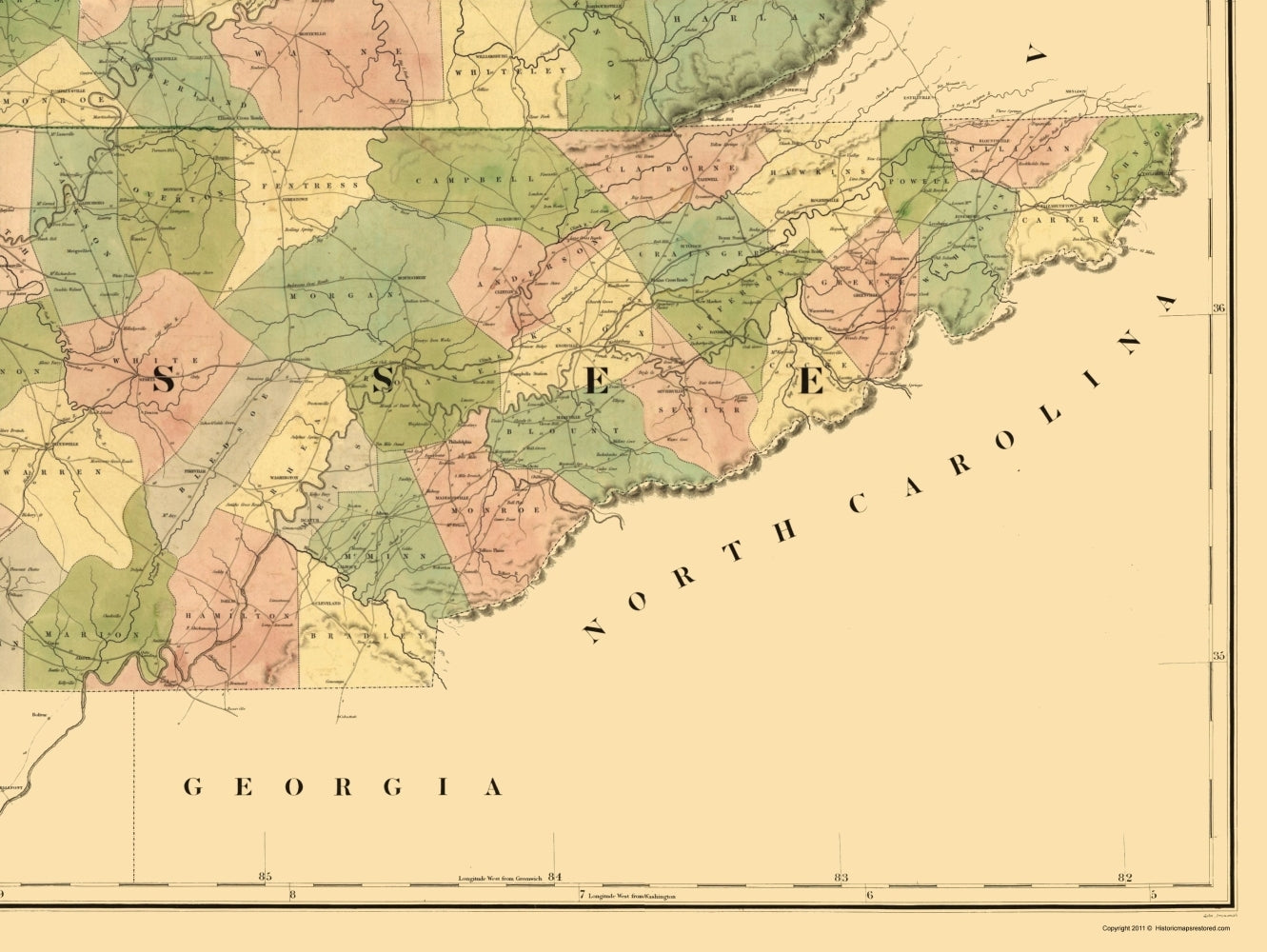 Historic State Map - Kentucky Tennessee - Burr 1839 - 23 x 30.62 - Vintage Wall Art