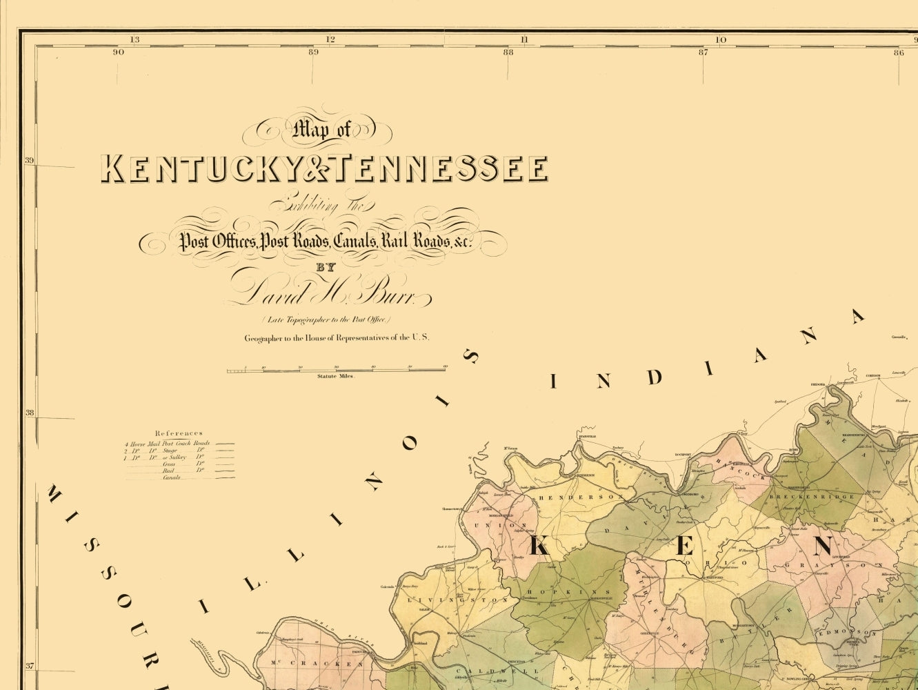 Historic State Map - Kentucky Tennessee - Burr 1839 - 23 x 30.62 - Vintage Wall Art