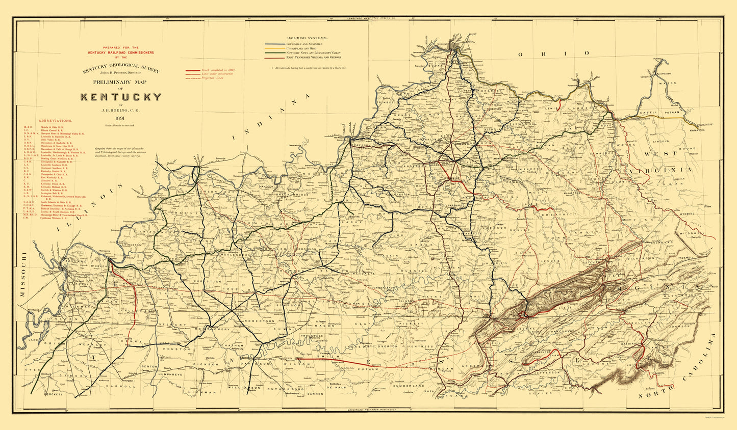 Railroad Map - Kentucky Railroad - Hoeing 1891 - 23 x 39.38 - Vintage Wall Art