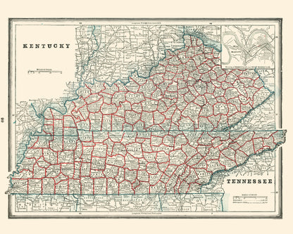 Historic State Map - Kentucky Tennessee - Rathbun 1893 - 23 x 28.70 - Vintage Wall Art