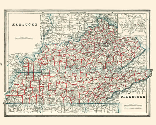 Historic State Map - Kentucky Tennessee - Rathbun 1893 - 23 x 28.70 - Vintage Wall Art