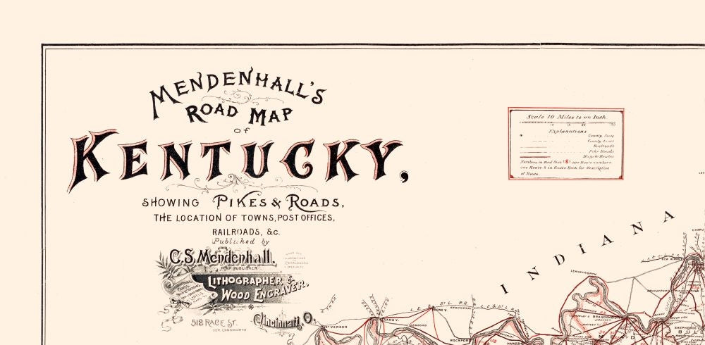 Historic State Map - Kentucky Road Map - Mendenhall 1900 - 46.91 x 23 - Vintage Wall Art