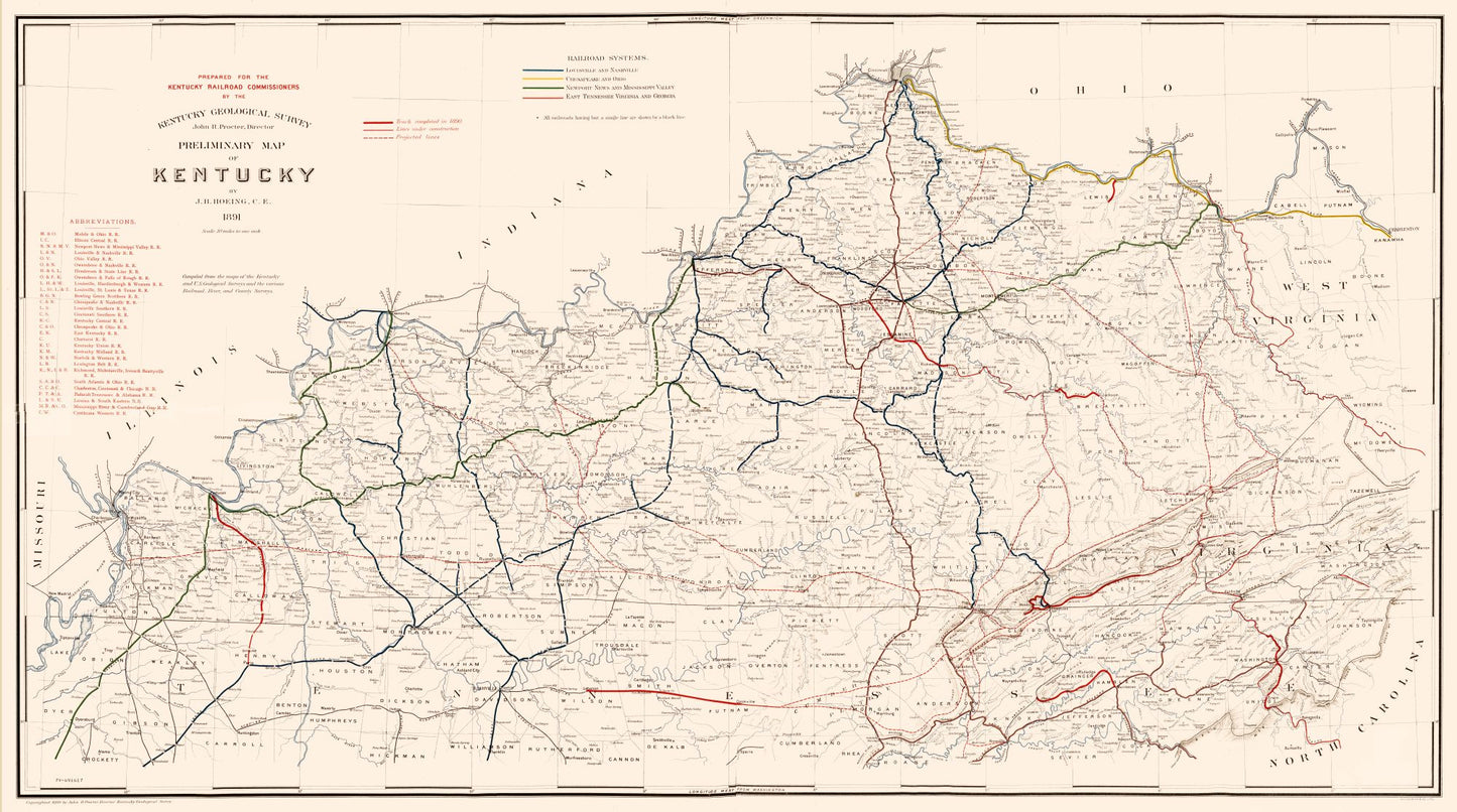 Railroad Map - Kentucky Railroads- Hoeing 1891 -  41.20 x 23 - Vintage Wall Art