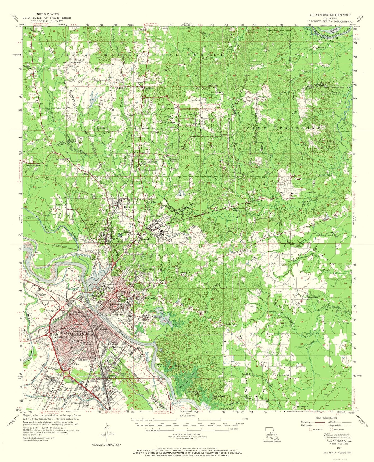 Topographical Map - Alexandria Louisiana Quad - USGS 1957 - 23 x 28.42 - Vintage Wall Art