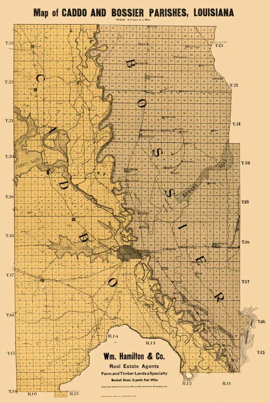 Historic County Map - Caddo Bossier Parishes Louisiana - Kenyon 1904 - 23 x 34.30 - Vintage Wall Art