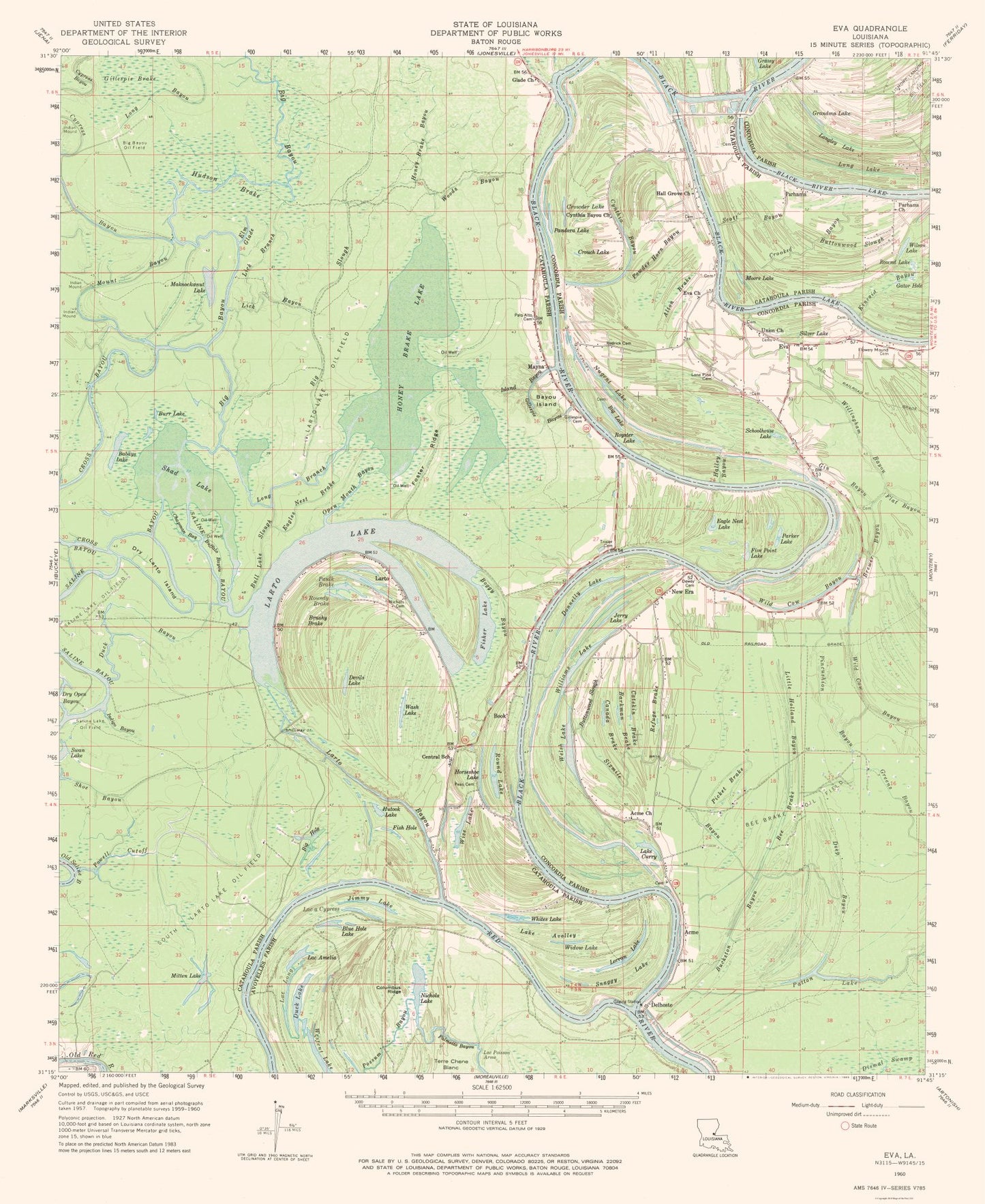 Topographical Map - Eva Louisiana Quad - USGS 1960 - 23 x 28.12 - Vintage Wall Art