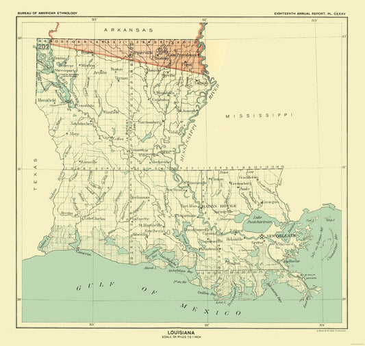 Historic State Map - Louisiana - Hoen 1896 - 24.24 x 23 - Vintage Wall Art