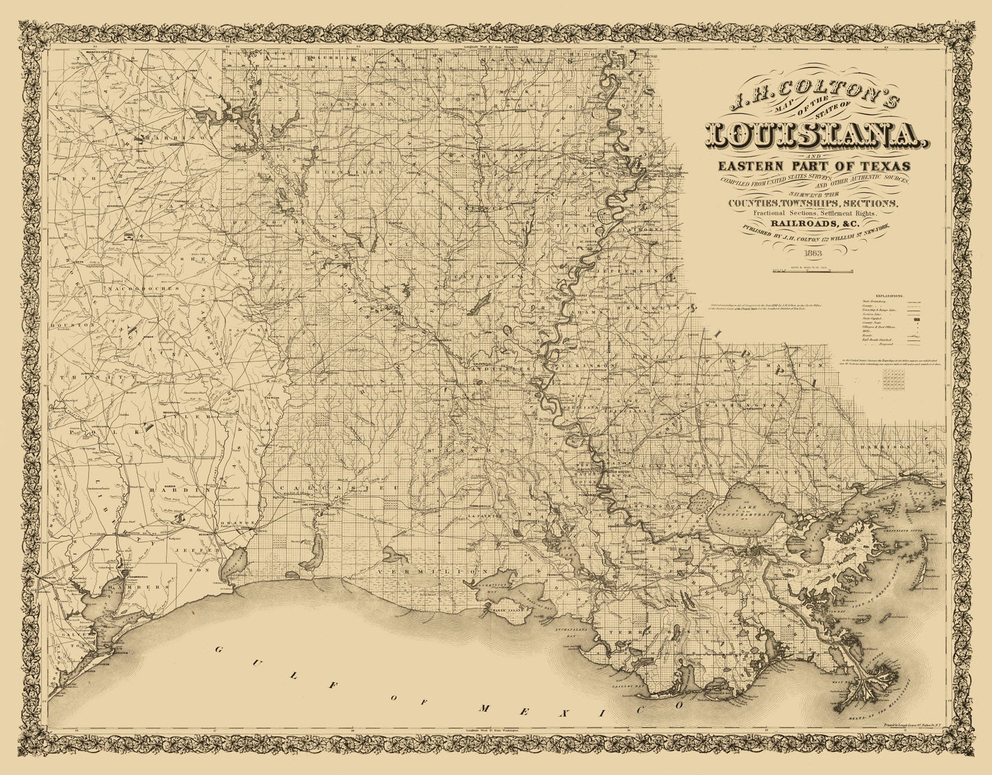 Railroad Map - Louisiana Railroads - Colton 1863 - 29.43 x 23 - Vintage Wall Art