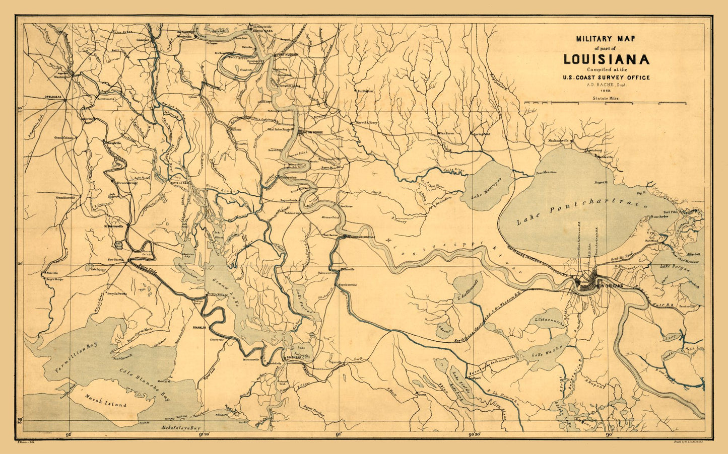 Historical Civil War Map - Louisiana Miltary Map - Bache 1863 - 36.82 x 23 - Vintage Wall Art