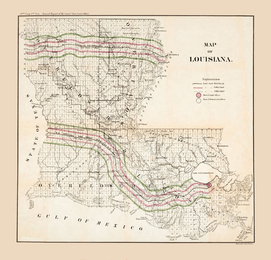 Historic State Map - Louisiana - Bowen 1865 - 24 x 23 - Vintage Wall Art