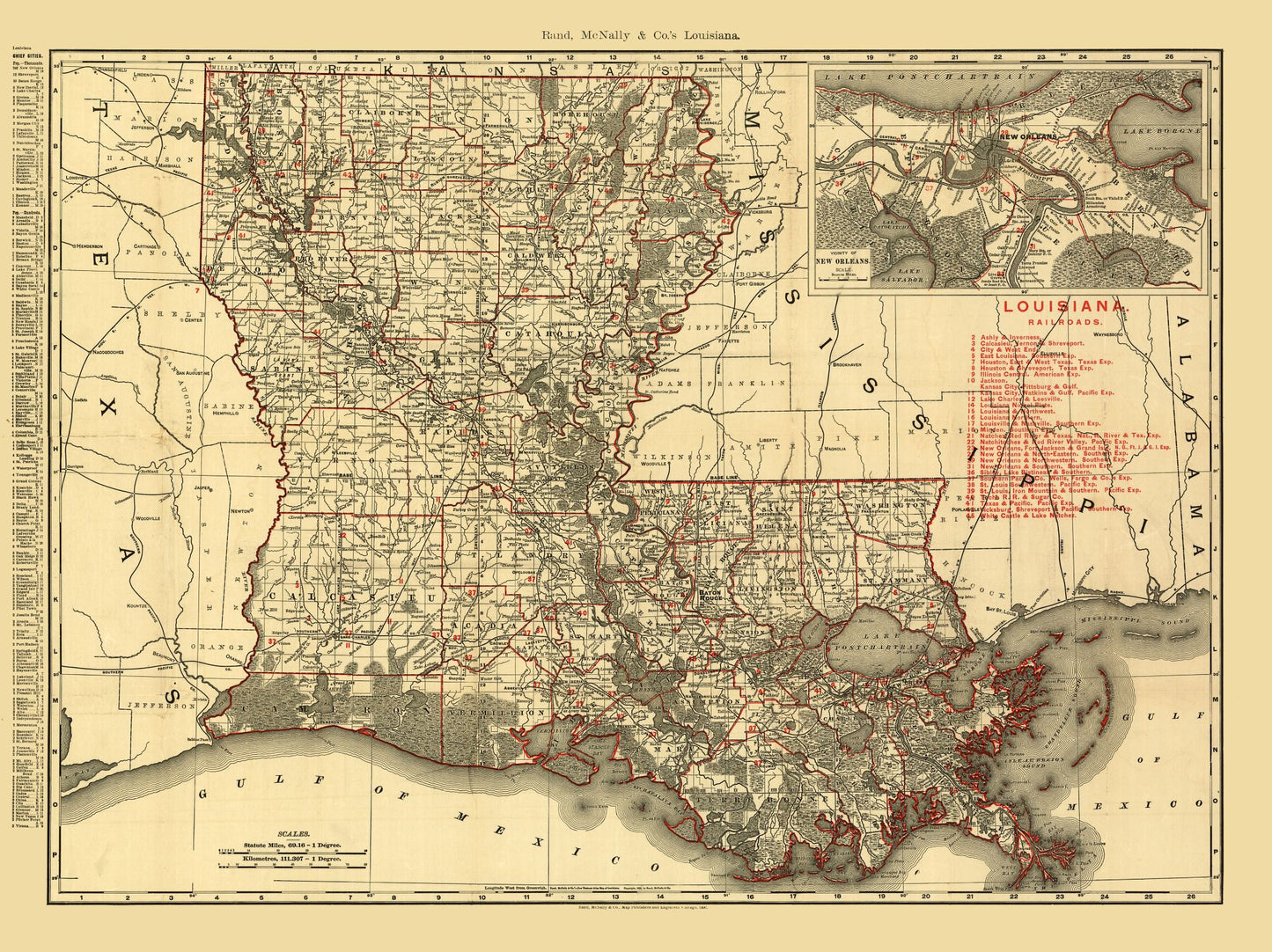 Railroad Map - Louisiana Railroads - Rand McNally 1896 - 30.74 x 23 - Vintage Wall Art