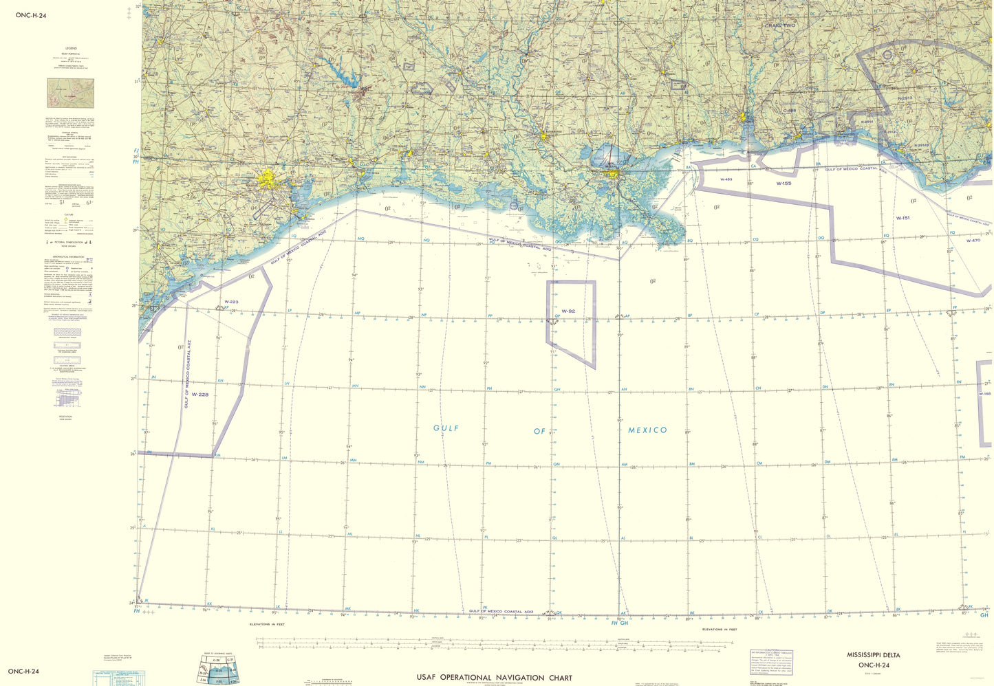 Topographical Map - Mississippi Delta Texas Louisiana Alabama Sheet - USAF 1964 - 23 x 33 - Vintage Wall Art