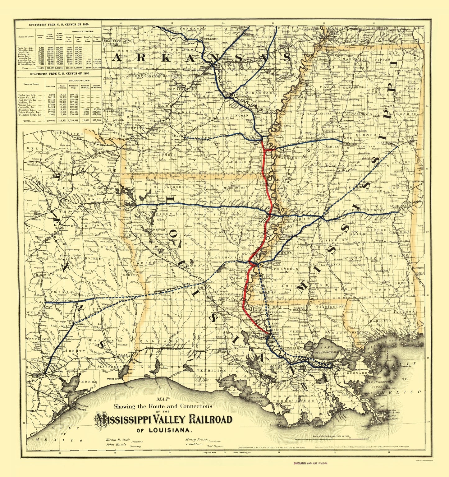 Railroad Map - Louisiana Mississippi Valley Railroad - Colton 1882 - 23 x 24.41 - Vintage Wall Art