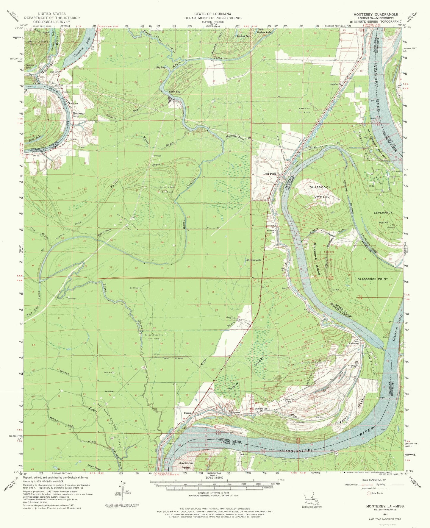 Topographical Map - Monterey Louisiana Quad - USGS 1961 - 23 x 28.24 - Vintage Wall Art