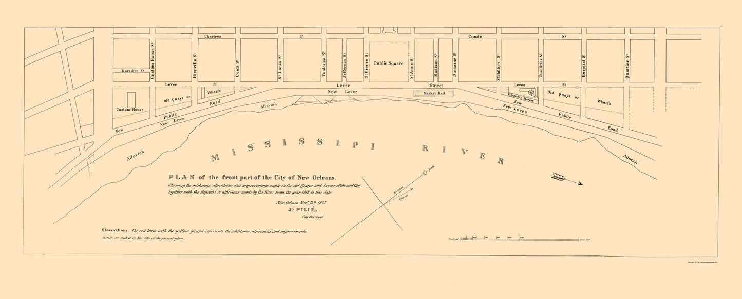 Historic City Map - New Orleans Louisiana Front Part - Pille 1827 - 23 x 56.89 - Vintage Wall Art