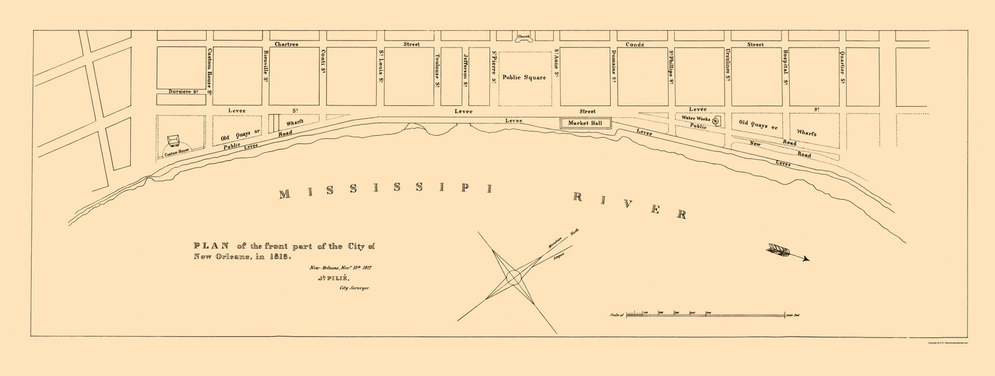 Historic City Map - New Orleans Louisiana Front Part - Pille 1828 - 23 x 60.91 - Vintage Wall Art