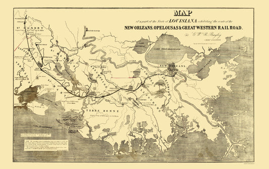 Railroad Map - New Orleans Opelousas and Great Western Railroad - Bayley 1853 - 23 x 36 - Vintage Wall Art