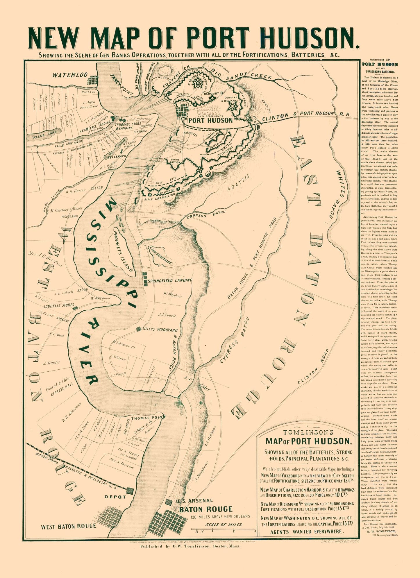 Historical Civil War Map - Port Hudson Louisiana - Tomlinson 1863 - 23 x 31.66 - Vintage Wall Art