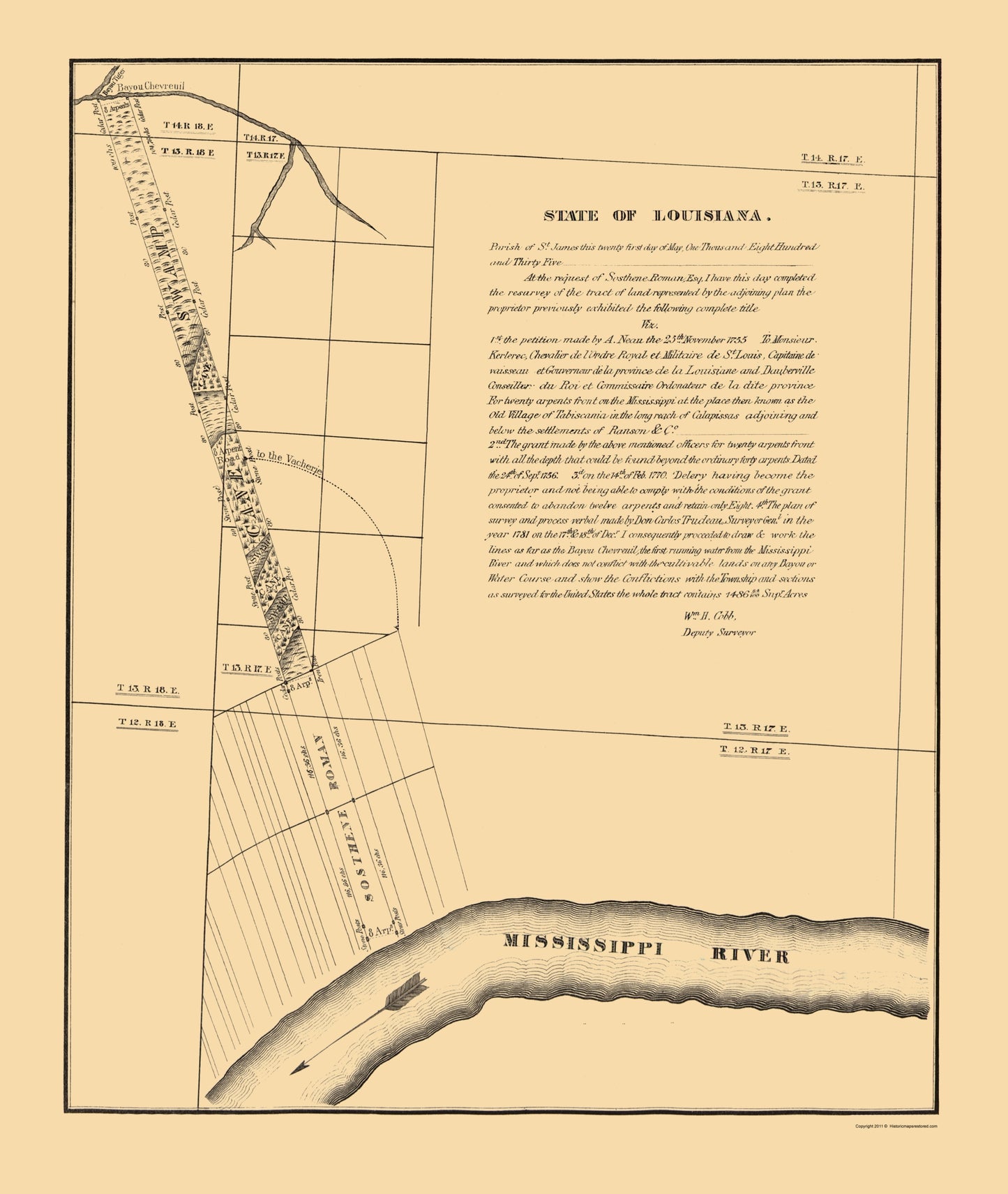 Historic County Map - St James Parish Louisiana - Cobb 1835 - 23 x 27.23 - Vintage Wall Art