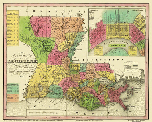 Historic State Map - Louisiana - Tanner 1833 - 28.5 x 23 - Vintage Wall Art