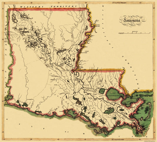 Historic State Map - Louisiana - Carey 1814 - 25.5 x 23 - Vintage Wall Art