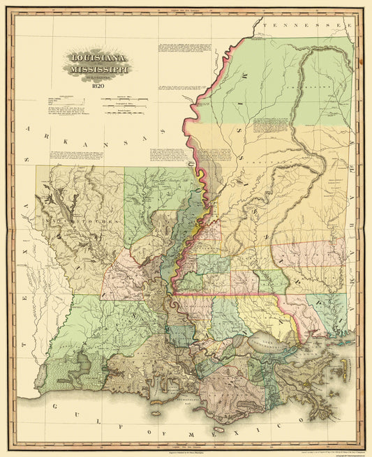 Historic State Map - Louisiana Mississippi - Tanner 1820 - 23 x 28.25 - Vintage Wall Art