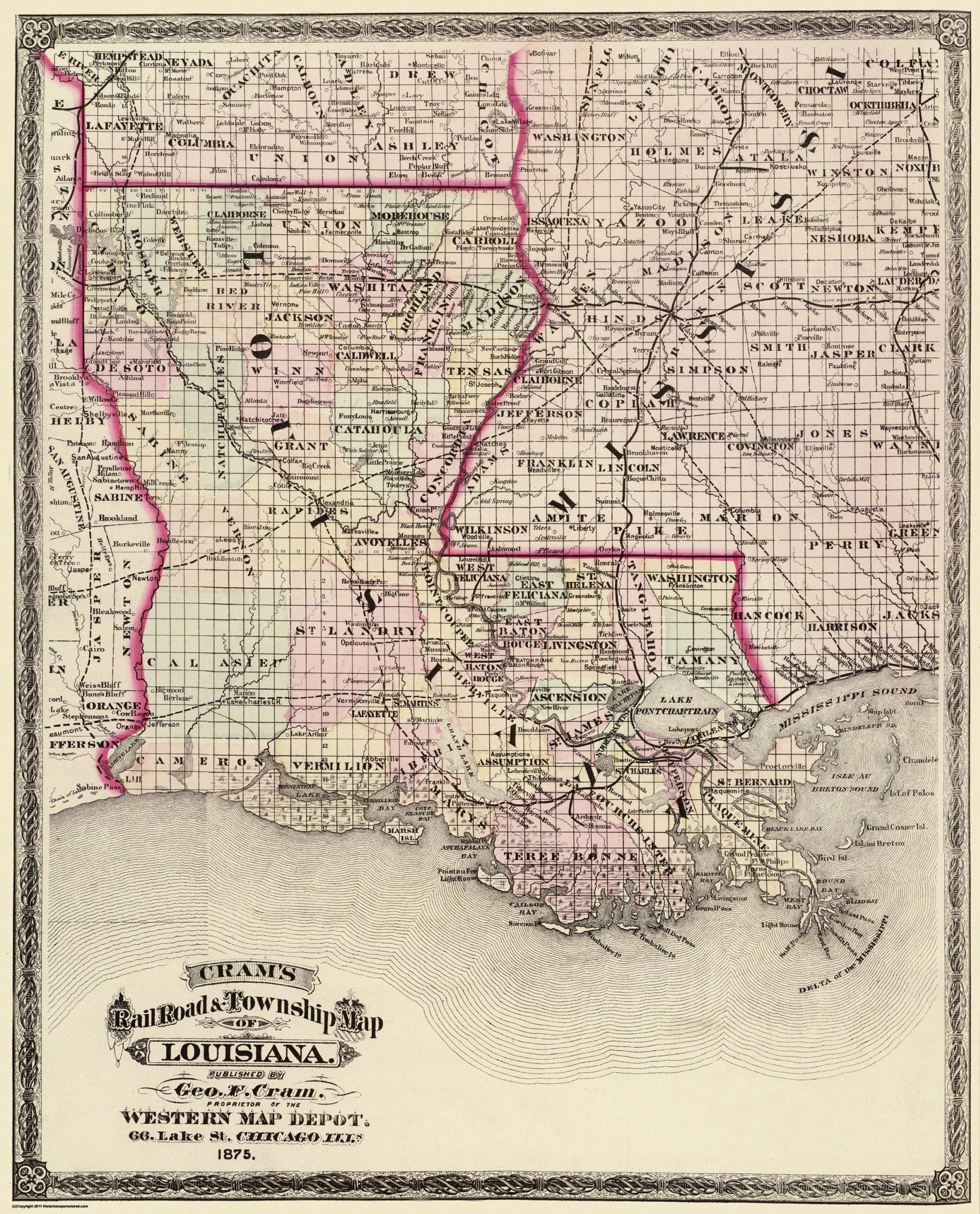 Railroad Map - Louisiana Railroad and Townships - Cram 1875 - 23 x 28 ...