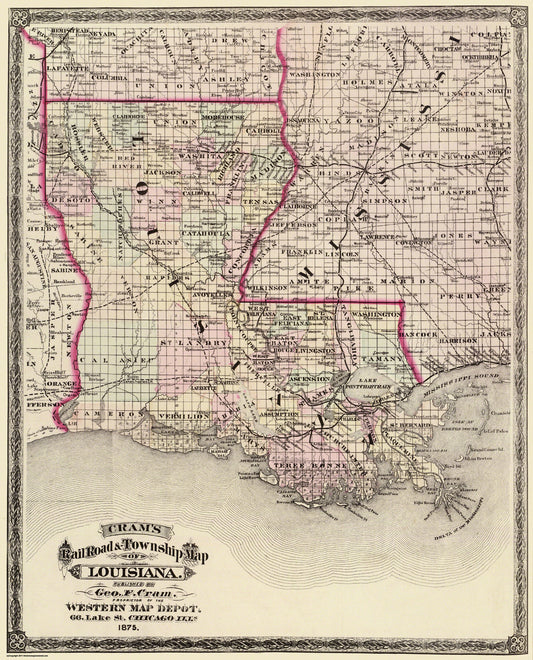 Railroad Map - Louisiana Railroad and Townships - Cram 1875 - 23 x 28.5 - Vintage Wall Art