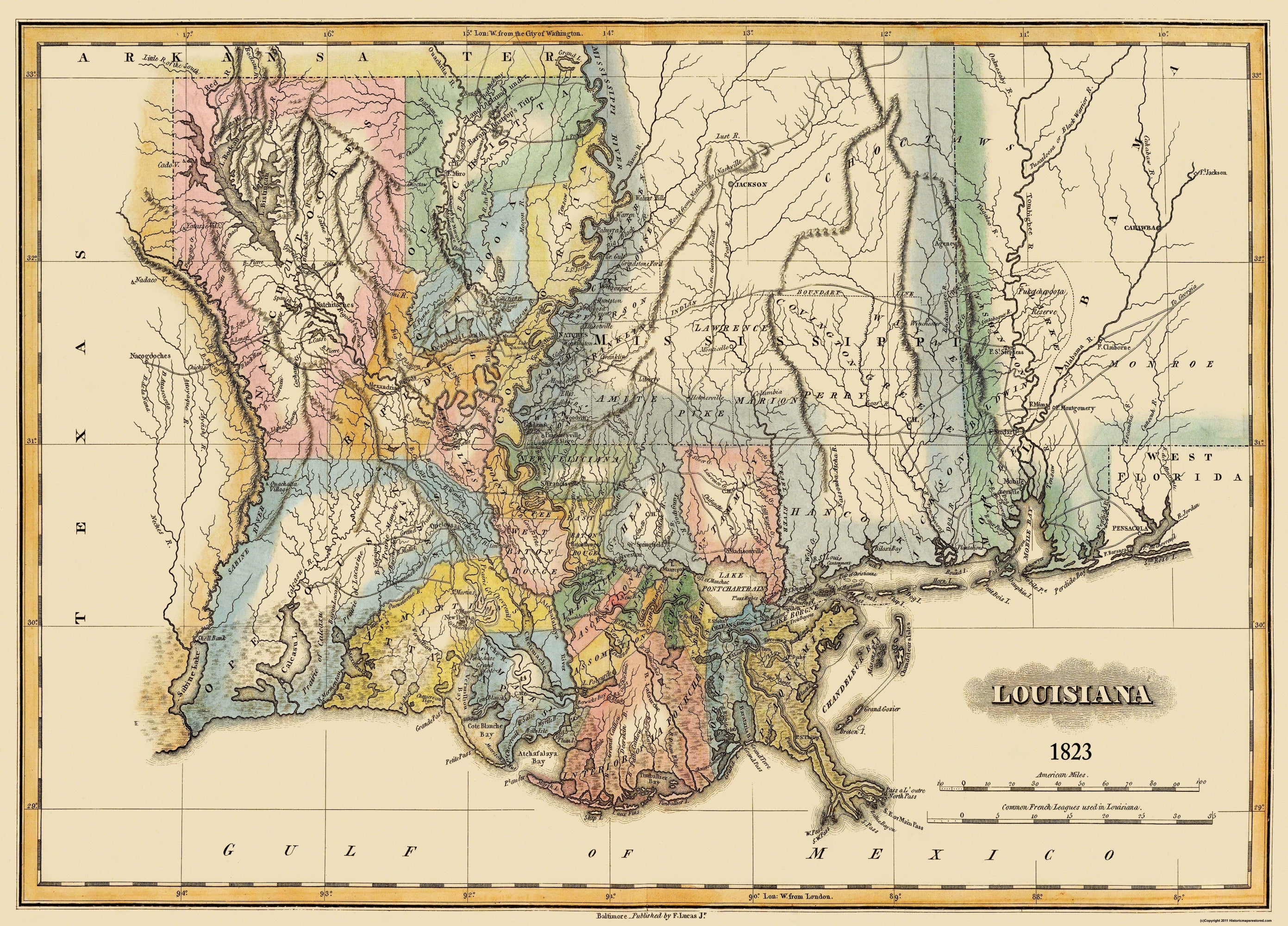 Historic State Map - Louisiana - Lucas 1823 - 32 x 23 - Vintage Wall A ...