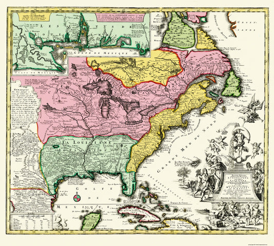 Historic State Map - United States Eastern - Seutter 1734 - 25.56 x 23 - Vintage Wall Art