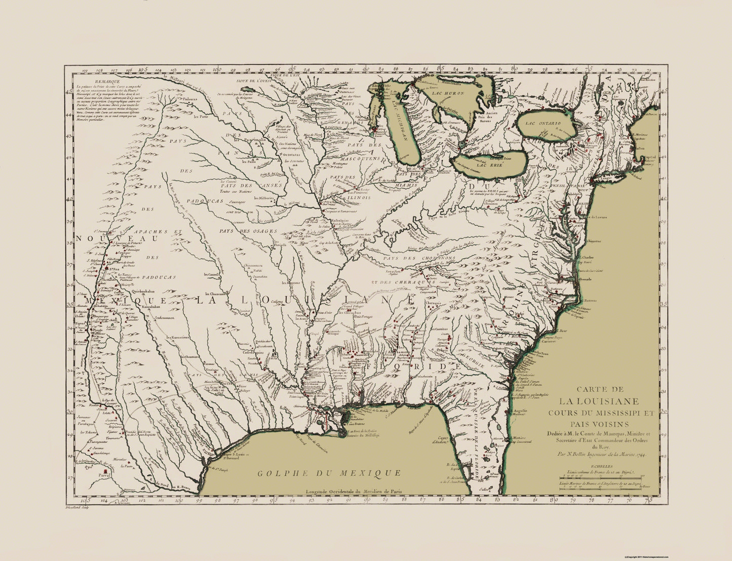 Historic State Map - Louisiana Neighboring Countries - Bellin 1744 - 30 x 23 - Vintage Wall Art