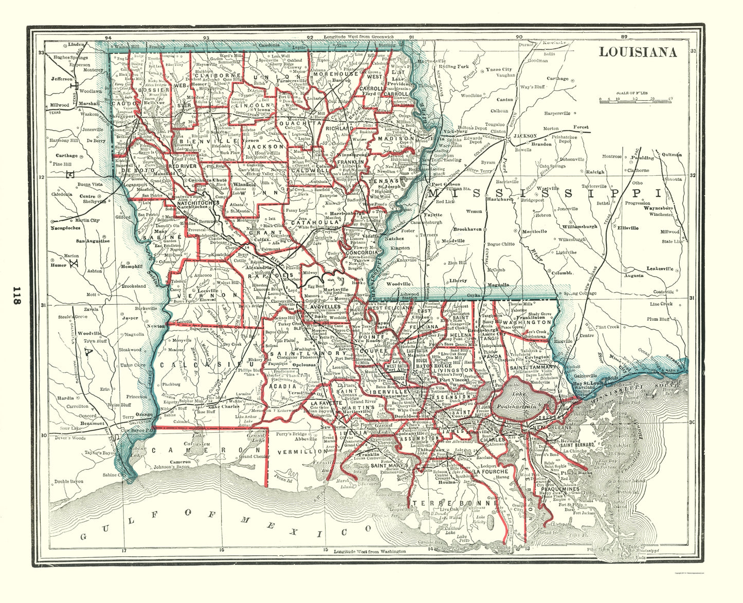 Historic State Map - Louisiana - Rathbun 1893 - 23 x 28.34 - Vintage Wall Art