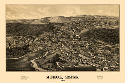 Historic Panoramic View - Athol Massachusetts - Burleigh 1887 - 34.43 x 23 - Vintage Wall Art