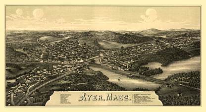 Historic Panoramic View - Ayer Massachusetts - Burleigh 1886 - 42.38 x 23 - Vintage Wall Art