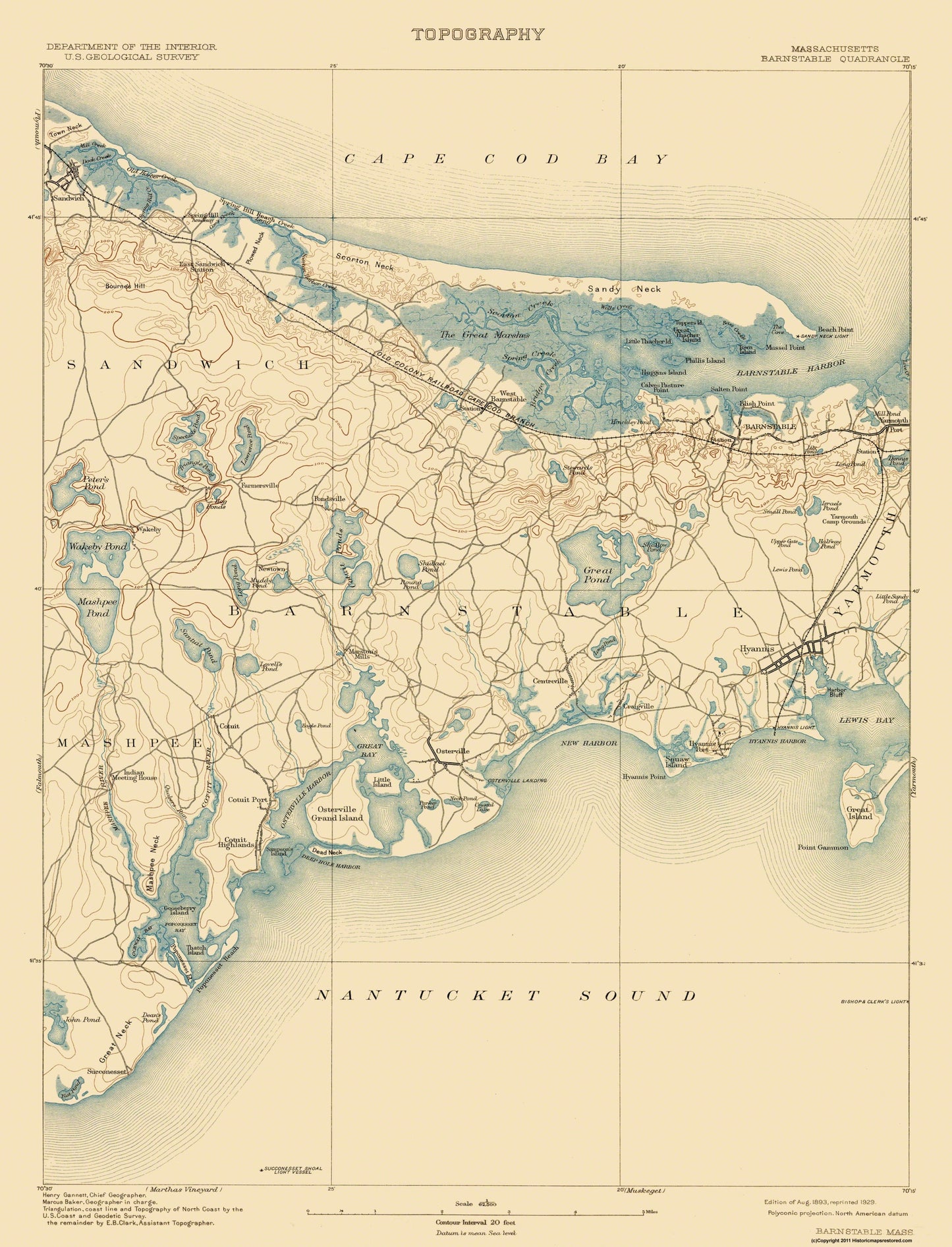 Topographical Map - Barnstable Massachusetts Quad - USGS 1893 - 23 x 30.12 - Vintage Wall Art