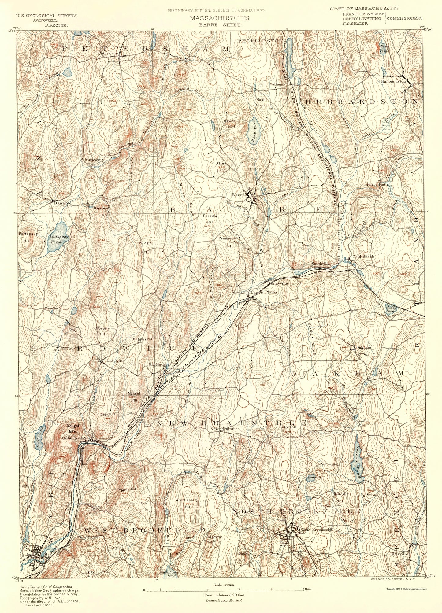 Topographical Map - Barre Massachusetts Sheet - USGS 1890 - 23 x 31.91 - Vintage Wall Art