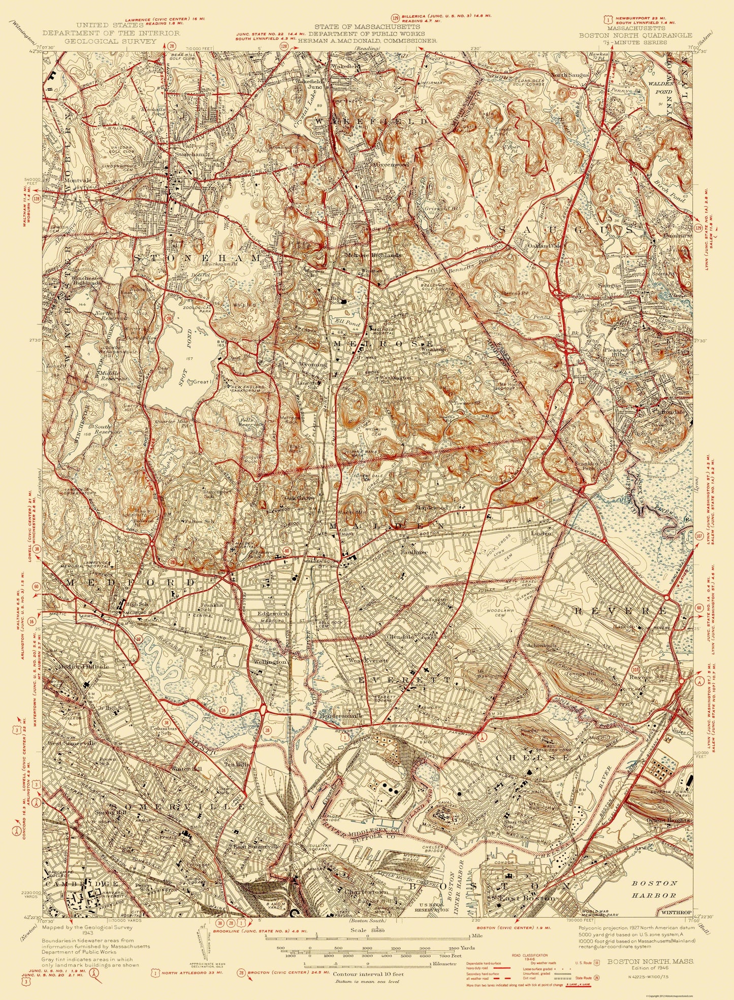 Topographical Map - Boston South Massachusetts Quad - USGS 1946 - 23 x 31.35 - Vintage Wall Art