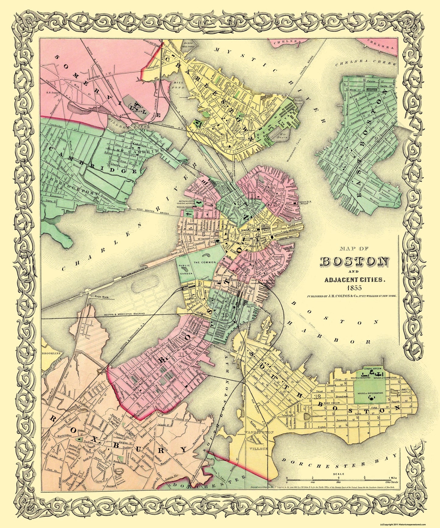 Historic City Map - Boston Massachusetts Vicinity - Colton 1855 - 23 x 27.63 - Vintage Wall Art