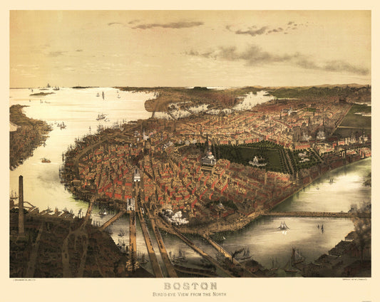 Historic Panoramic View - Boston Massachusetts - Prang 1877 - 28.94 x 23 - Vintage Wall Art