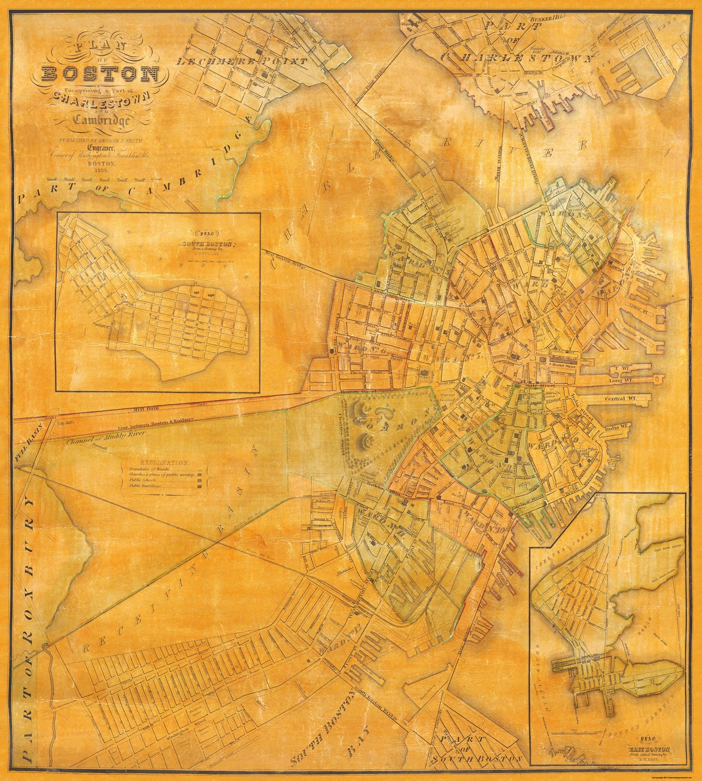 Historic City Map - Boston Charlestown Cambridge Massachusetts - Smith 1835 - 23 x 25.63 - Vintage Wall Art