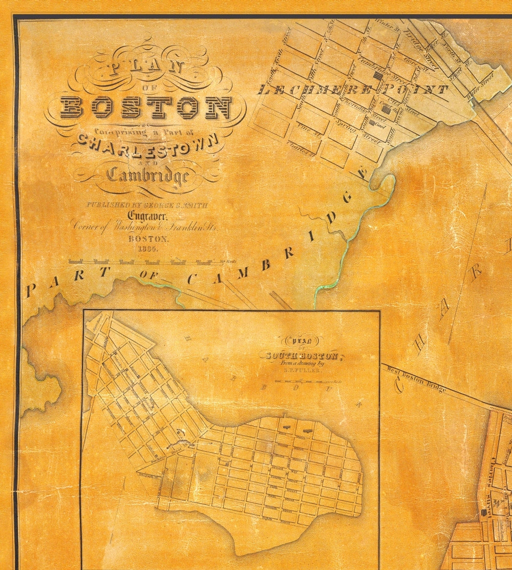 Historic City Map - Boston Charlestown Cambridge Massachusetts - Smith 1835 - 23 x 25.63 - Vintage Wall Art