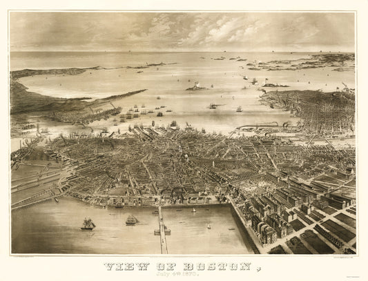 Historic Panoramic View - Boston Massachusetts - Fuchs 1870 - 23 x 30.12 - Vintage Wall Art