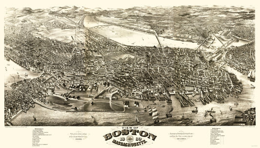 Historic Panoramic View - Boston Massachusetts - Rowley 1880 - 23 x 40.32 - Vintage Wall Art